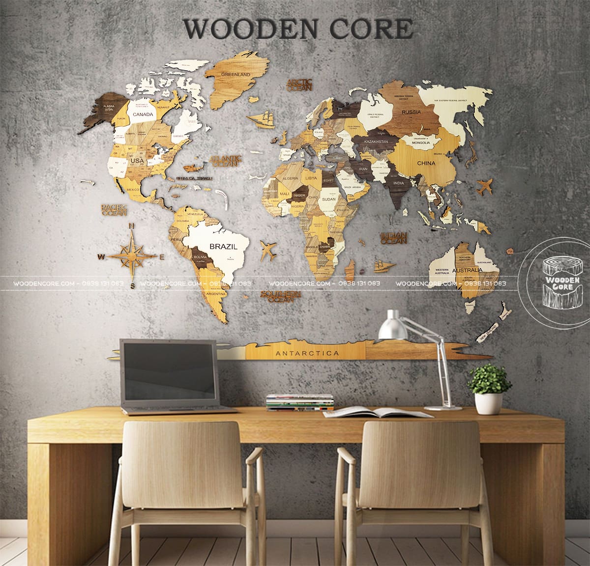 Bản đồ gỗ 3D trang trí bàn làm việc Wooden Core