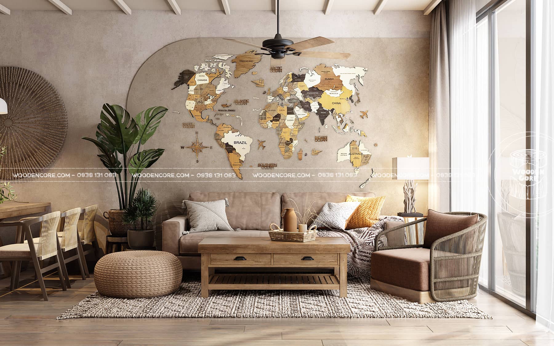 Decor bản đồ thế giới trang trí phòng khách Wooden Core