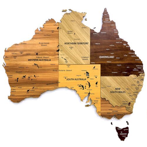 bản đồ úc bằng gỗ 3d treo tường với thiết kế các bang nổi bật bằng nhiều tông gỗ tự nhiên