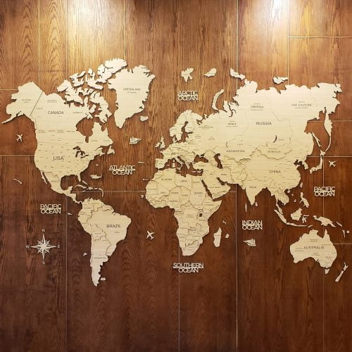 Bản đồ gỗ thế giới 3d Sandy brown yellow