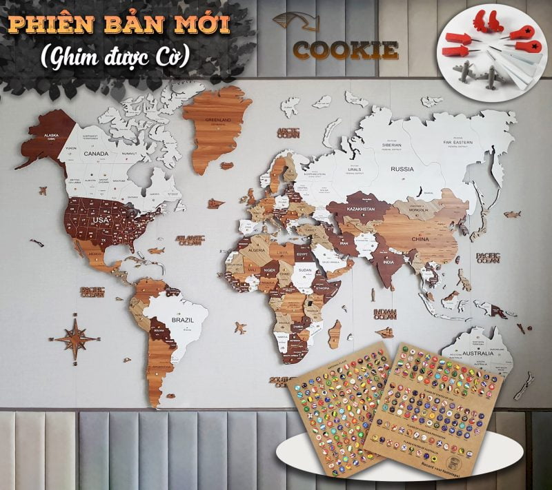 Bản đồ thế giới bằng gỗ Cookie Pins