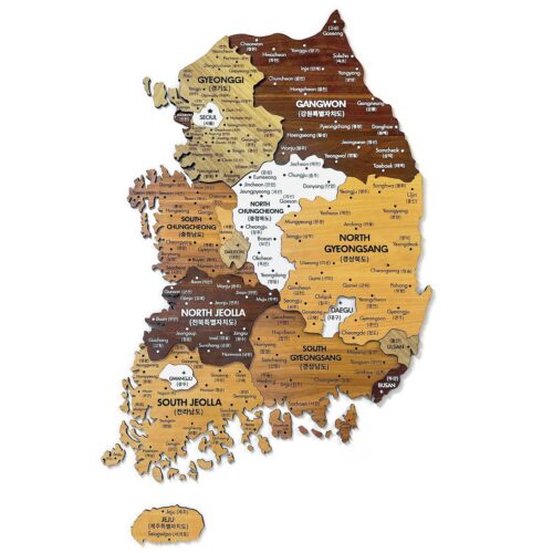 Bản đồ Hàn Quốc bằng gỗ 3D treo tường với các tỉnh thành và địa danh nổi bật trên nền gỗ tự nhiên